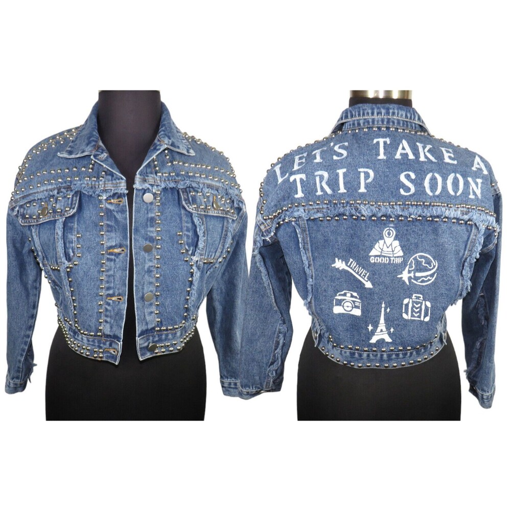 Women's Custom Cropped Denim Trucker Jacket Studded Travel Art Size Petite M